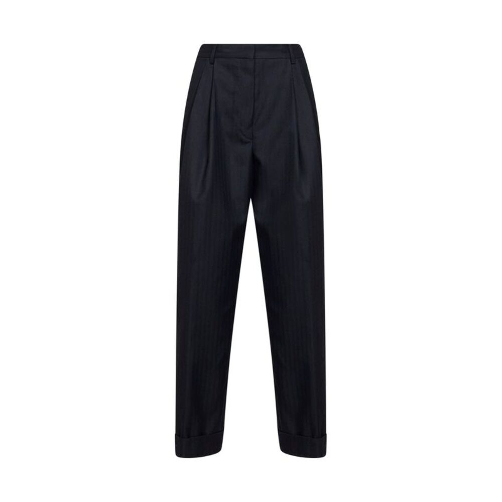 Dries Van Noten Women Navy Blue Chevron Wool Pantan Double-Pleated Trousers